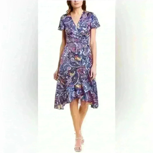 Laundry by Shelli Segal Womens Satin Wrap Dress Size 8 Multi colored Ruffle Hem - Picture 6 of 14